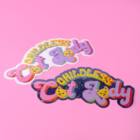 Bold "Childless Cat Lady" sticker with sassy typography and cat silhouettes, embodying feminist political pride.